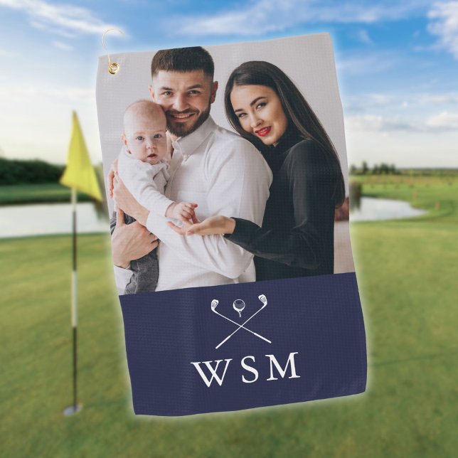 Navy Blue Classic Monogram Foto Golf Clubs Golfhandtuch (Navy Blue White Classic Monogram Photo Golf Clubs Golf Towel)