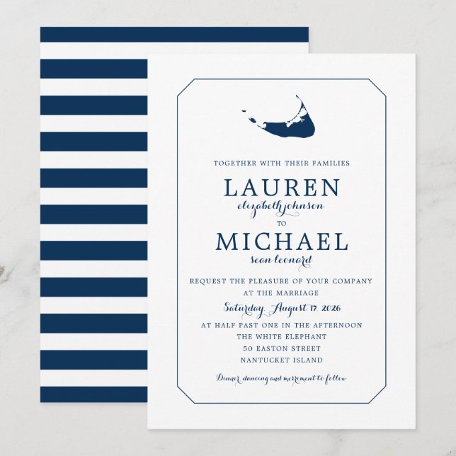 Navy Blue Classic Nantucket Island Map Wedding Einladung (Vorne/Hinten)