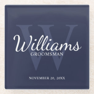 Navy Blue Classic Script Personalisierte Trauzeuge Glasuntersetzer