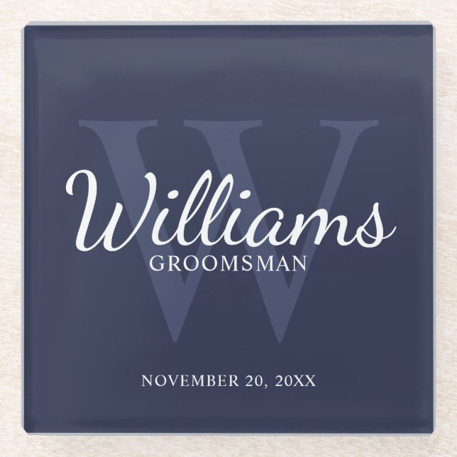 Navy Blue Classic Script Personalisierte Trauzeuge Glasuntersetzer (Vorderseite)