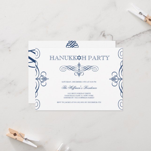 Navy Blue Classic Scrolls Hanukkah Holiday Party Einladung (Vorderseite/Rückseite Beispiel)