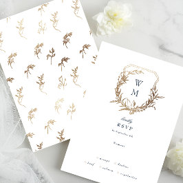 Navy Blue classic white Gold crest wedding RSVP Karte