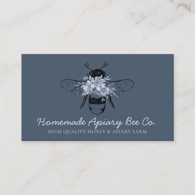 Navy Blue Classy Heart Floral Honey Biene Visitenkarte (Vorderseite)