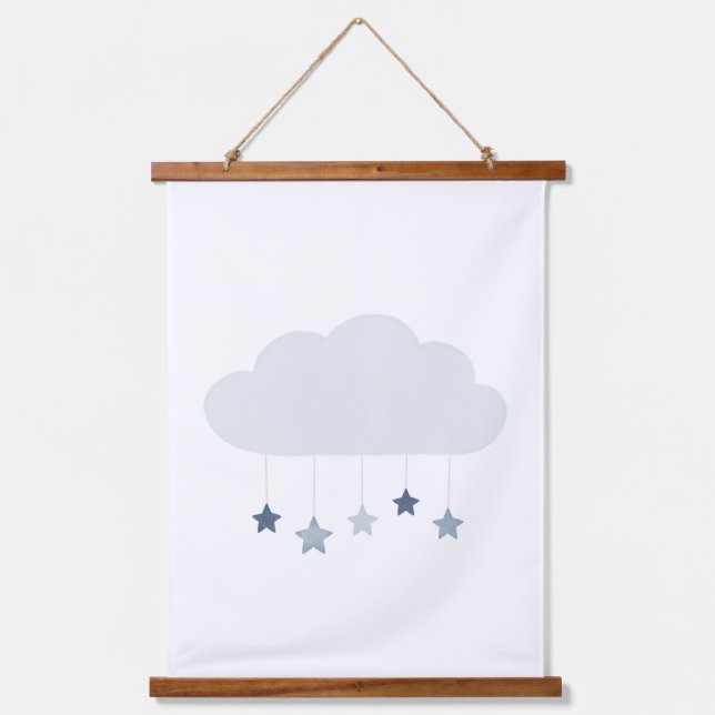 Navy Blue Cloud and Stars Boy Kinderzimmer Wandteppich Mit Holzrahmen (Vorderseite)