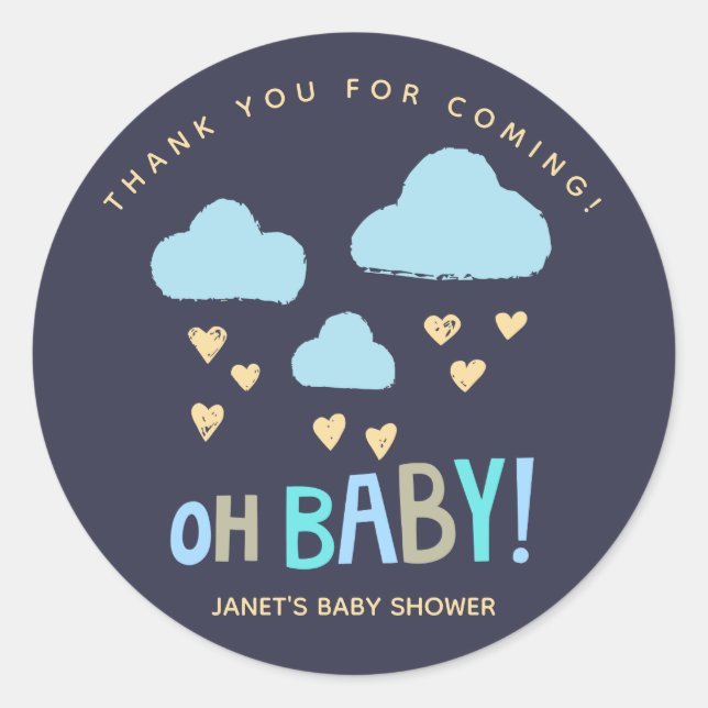 Navy Blue Clouds Oh Baby Boy Baby Dusche Runder Aufkleber (Vorderseite)