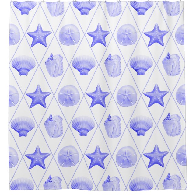 Navy Blue Coastal Seashells Starfish Duschvorhang (Vorderseite)