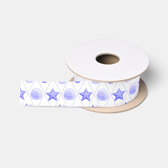Navy Blue Coastal Seashells Starfish Satinband (Spule)