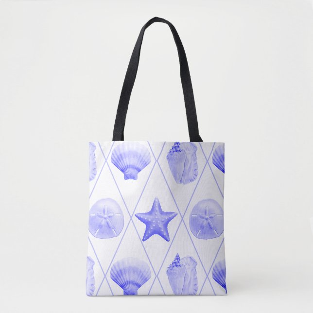 Navy Blue Coastal Seashells Starfish Tasche (Vorderseite)
