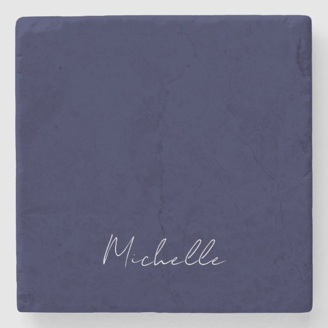 Navy Blue Color Schlicht Moderne Namenskalligraphi Steinuntersetzer (Vorderseite)