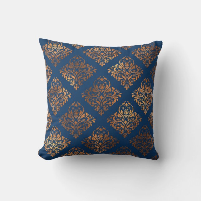 Navy Blue Copper Antique Gold Damask Muster Kissen (Vorderseite)