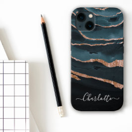 Navy Blue & Copper Elegante Script Abstrakt Name Case-Mate iPhone Hülle