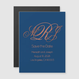 Navy Blue Copper Monogram Save the Date Magneteinladung