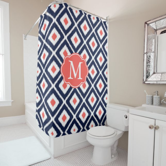 Navy Blue, Coral, White Ikat Diamond Pattern Duschvorhang (Beispiel)
