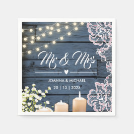 Navy Blue Country Holz String Lights Lace Mr & Mrs Serviette