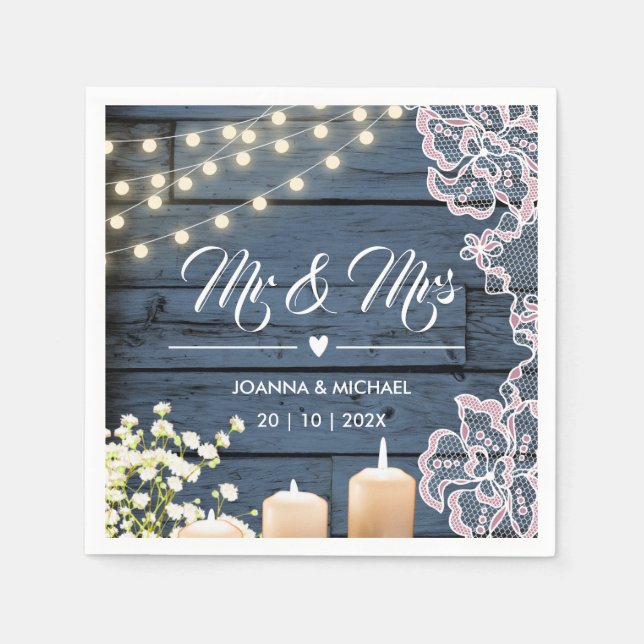 Navy Blue Country Holz String Lights Lace Mr & Mrs Serviette (Vorderseite)