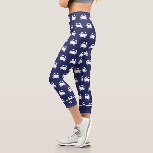 Navy Blue Crab Muster Nautical Personalize Beach Capri Leggings (Links)