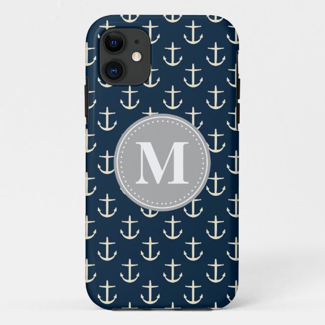 Navy Blue Cream Anchor Muster Grau Monogramm Case-Mate iPhone Hülle (Rückseite)