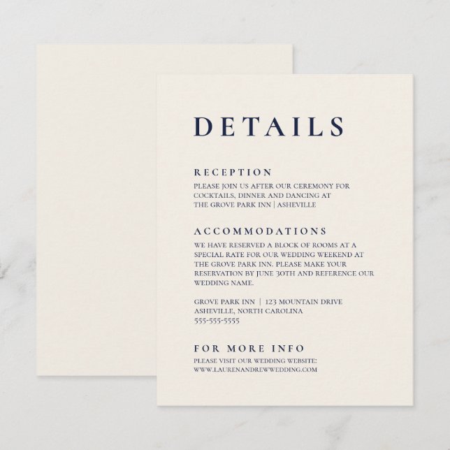 Navy Blue & Cream Modernes Minimalistisches Elegan Begleitkarte (Vorne/Hinten)