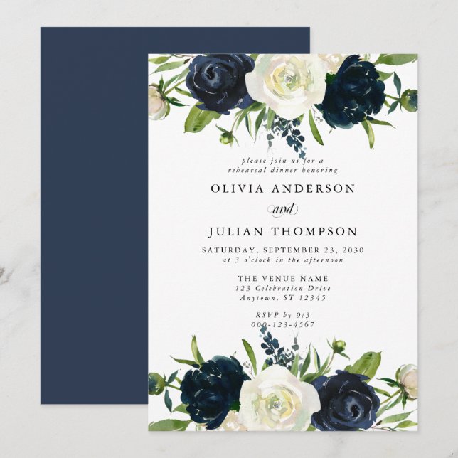Navy Blue & Creme White Floral Probe Dinner Einladung (Vorne/Hinten)