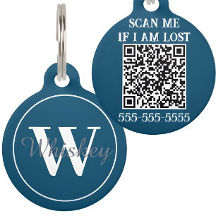 Navy Blue Custom QR Code und Monogram Pet Name Haustiermarke