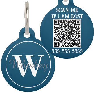 Navy Blue Custom QR Code und Monogram Pet Name Haustiermarke