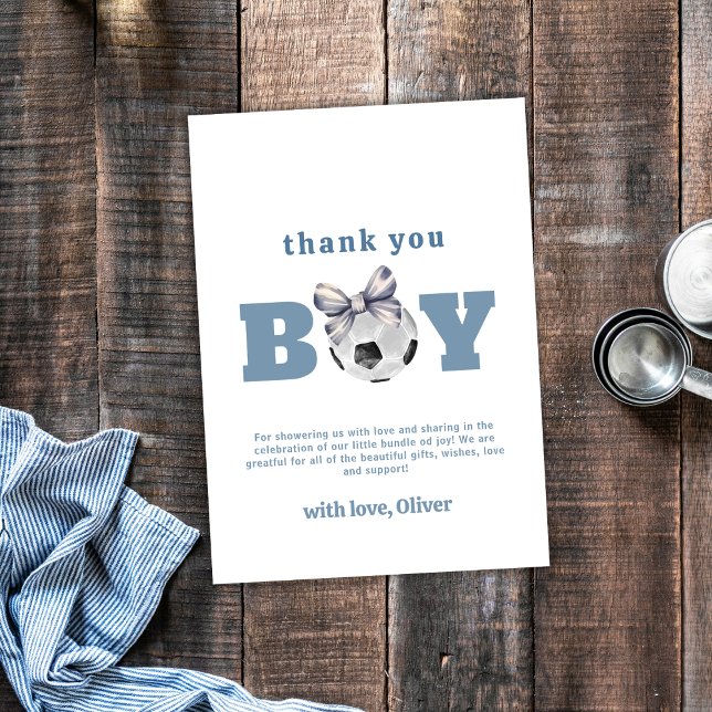 Navy Blue Cute Modern Bow Soccer Boy Baby Shower  Dankeskarte (Navy Blue Cute Modern Bow Soccer Boy Baby Shower Thank You Card)