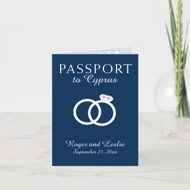 Navy Blue Cyprus Paphos Wedding Rings Passport Inv Einladung (Vorderseite)