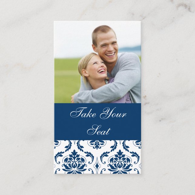 Navy Blue Damask Foto Hochzeit Platzkarte (Vorderseite)