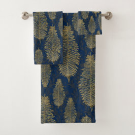 Navy Blue Damask & Gold Fern Leaf Muster Badhandtuch Set