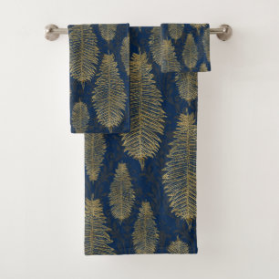 Navy Blue Damask & Gold Fern Leaf Muster Badhandtuch Set
