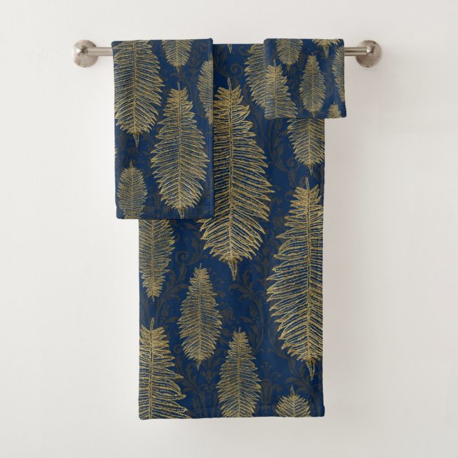 Navy Blue Damask & Gold Fern Leaf Muster Badhandtuch Set (Insitu)
