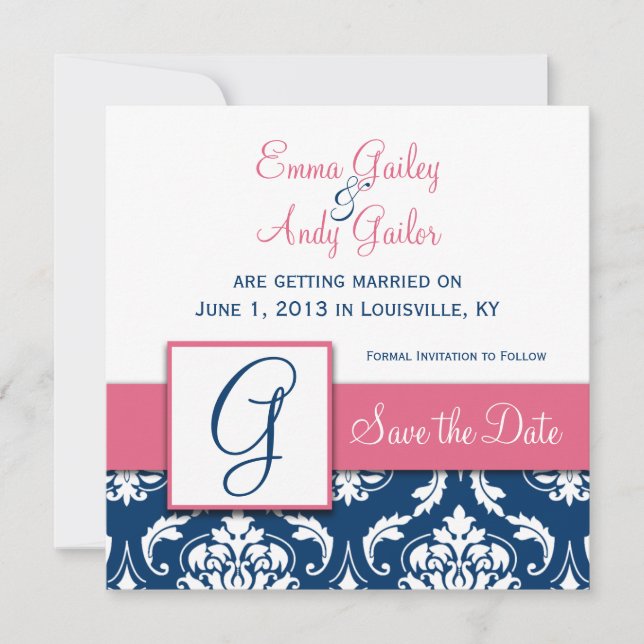 Navy Blue Damask Monogram G Save the Date rosa (Vorderseite)
