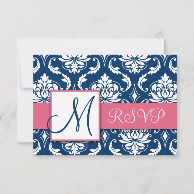Navy Blue Damask Monogram Wedding RSVP Pink (Vorderseite)
