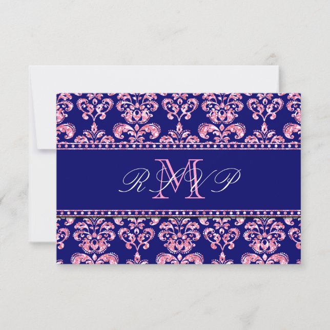 Navy Blue Damask Pink Glitzer Wedding RSVP Karte (Vorderseite)