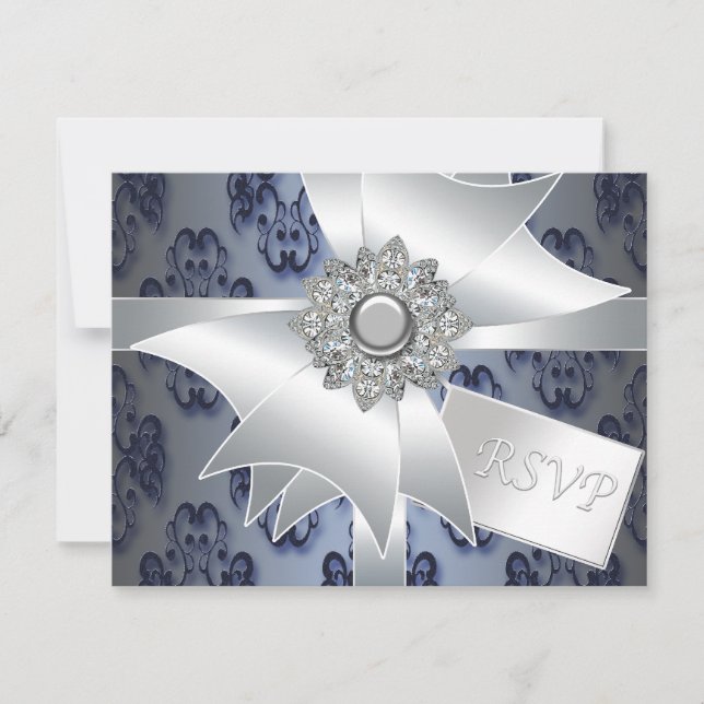 Navy Blue Damask RSVP-Karte RSVP Karte (Vorderseite)