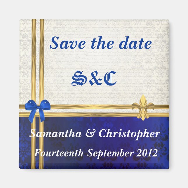 Navy Blue Damask und Goldband Save the Date Magnet (Vorne)