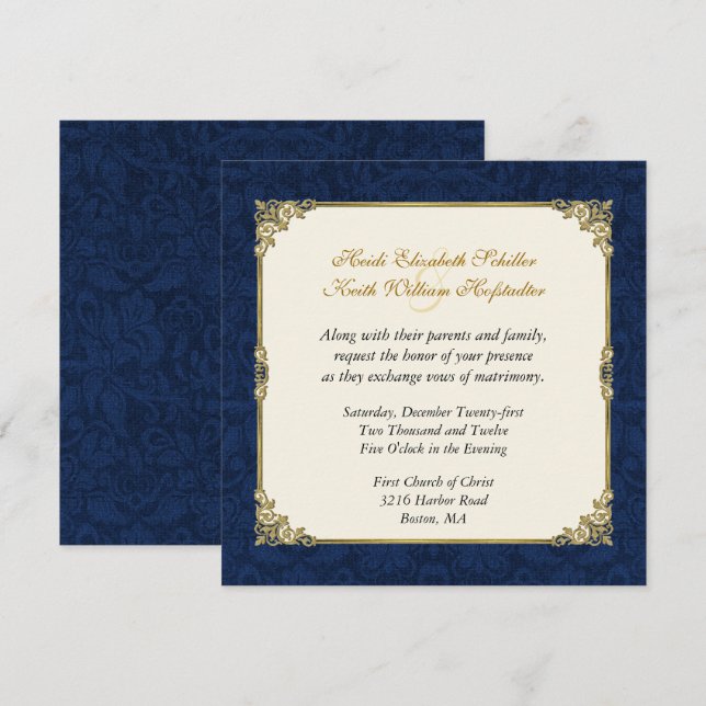 Navy Blue Damask & Vintage Gold Faire-part de mari (Devant / Derrière)