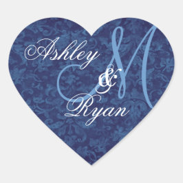 Navy Blue Damask Wedding Custom Monogram Heart Herz-Aufkleber