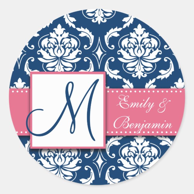 Navy Blue Damask Wedding Gefallen Sticker Pink (Vorderseite)
