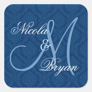 Navy Blue Damask Wedgebride Groom Monogram V2A Quadratischer Aufkleber