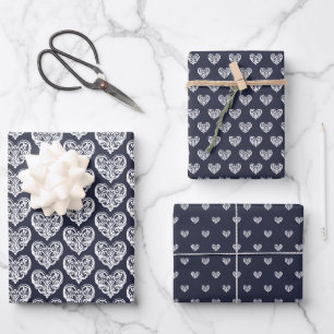Navy Blue Decorative Heart Geschenkpapier Set