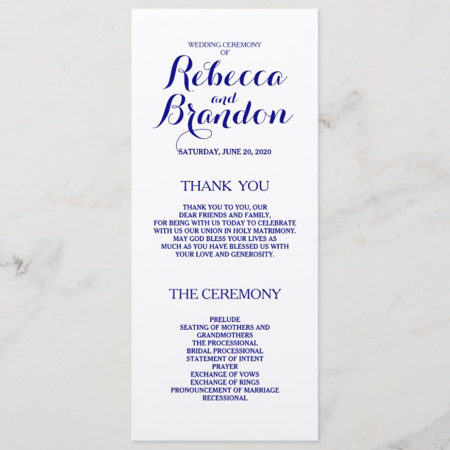 Navy Blue Designer Skript Custom Wedding Programm (Vorderseite)