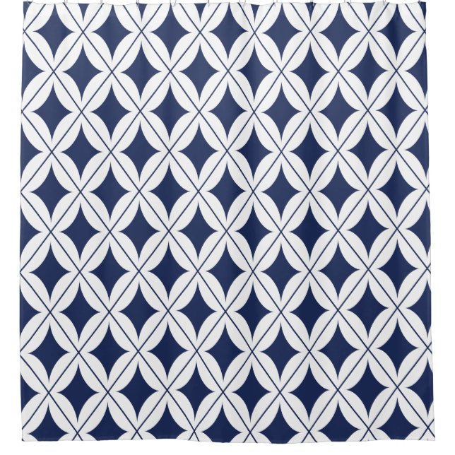 Navy Blue Diamond Design auf Weiß Duschvorhang (Vorderseite)