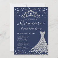 Navy Blue Diamond Sparkle Tiara Gown Quinceanera