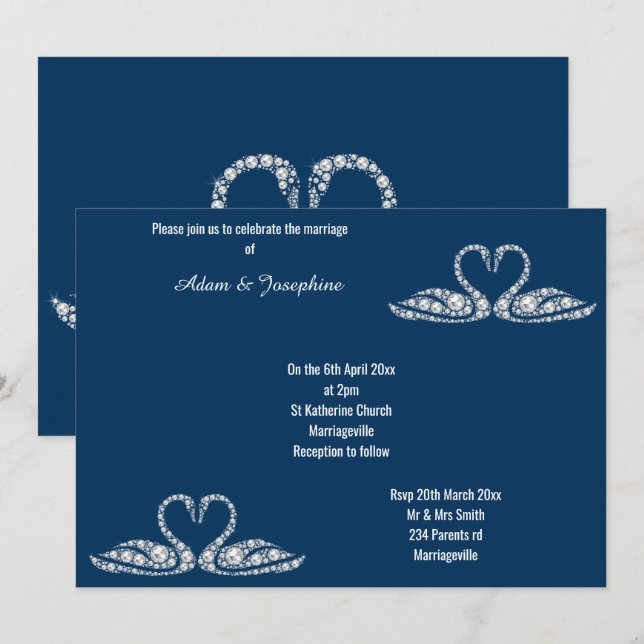 NAVY BLUE DIAMOND SWAN ELEGANT WEDANT EINLADUNG (Vorne/Hinten)