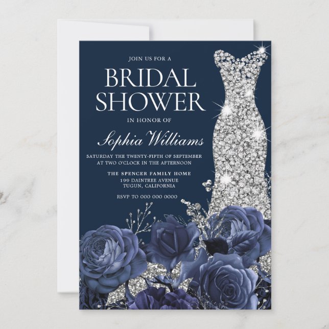 Navy Blue Diamond Wedding Dress Brautparty Einladung (Vorderseite)