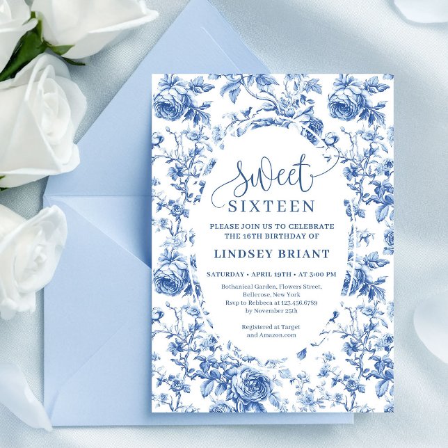 Navy Blue Digital Floral Invitation 16th Birthday Einladung (Navy Blue Digital Floral Invitation 16th Birthday)