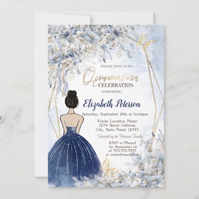 Navy Blue Dress Girl, Blue Flowers Quinceanera Einladung (Vorderseite)