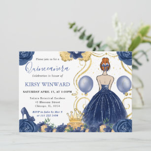 Navy Blue Dress Red Hair Princess Quinceanera Einladung