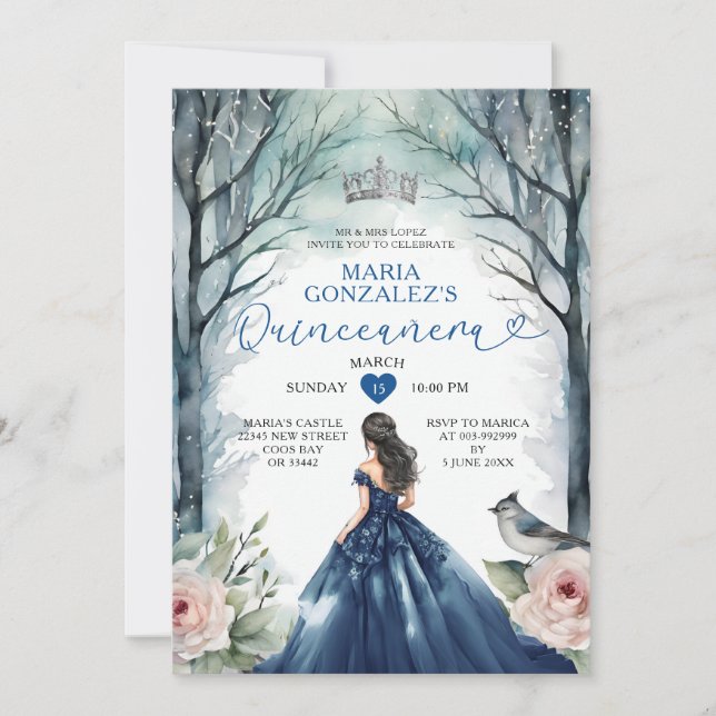 Navy Blue Dress Winter Floral Forest Quinceañera Einladung (Vorderseite)